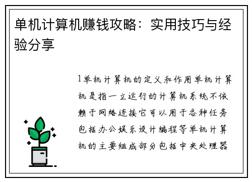 单机计算机赚钱攻略：实用技巧与经验分享